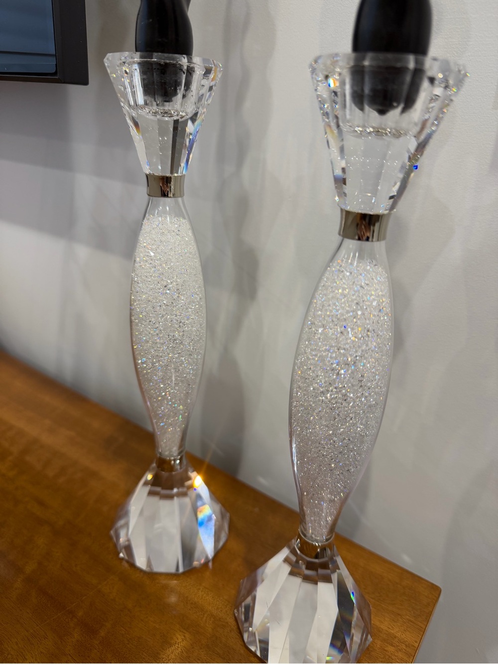 Swarovski Crystal Glittered White & Clear Candle Holders (Pair)